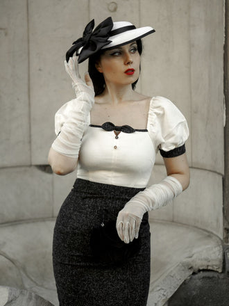 Abito a tubino maniche a sbuffo nero e beige anni '60