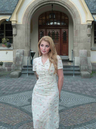 Abito floreale maniche a sbuffo puro cotone beige anni '40