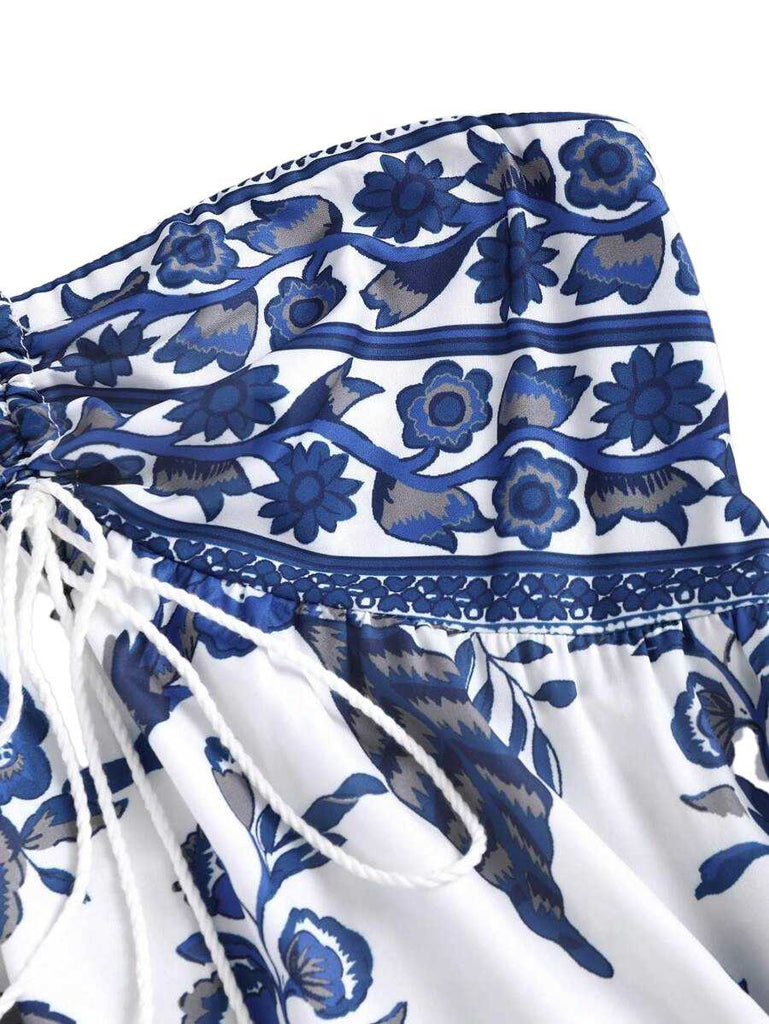 Abito boho con stampa etnica e scollo all'americana anni '70