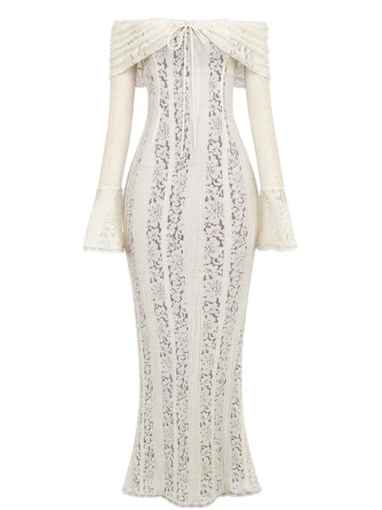 Abito a sirena con maniche svasate in pizzo e spalle scoperte anni '30