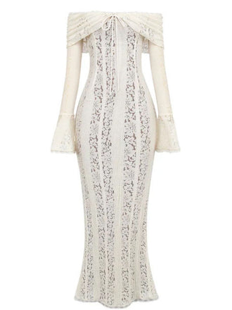 Abito a sirena con maniche svasate in pizzo e spalle scoperte anni '30