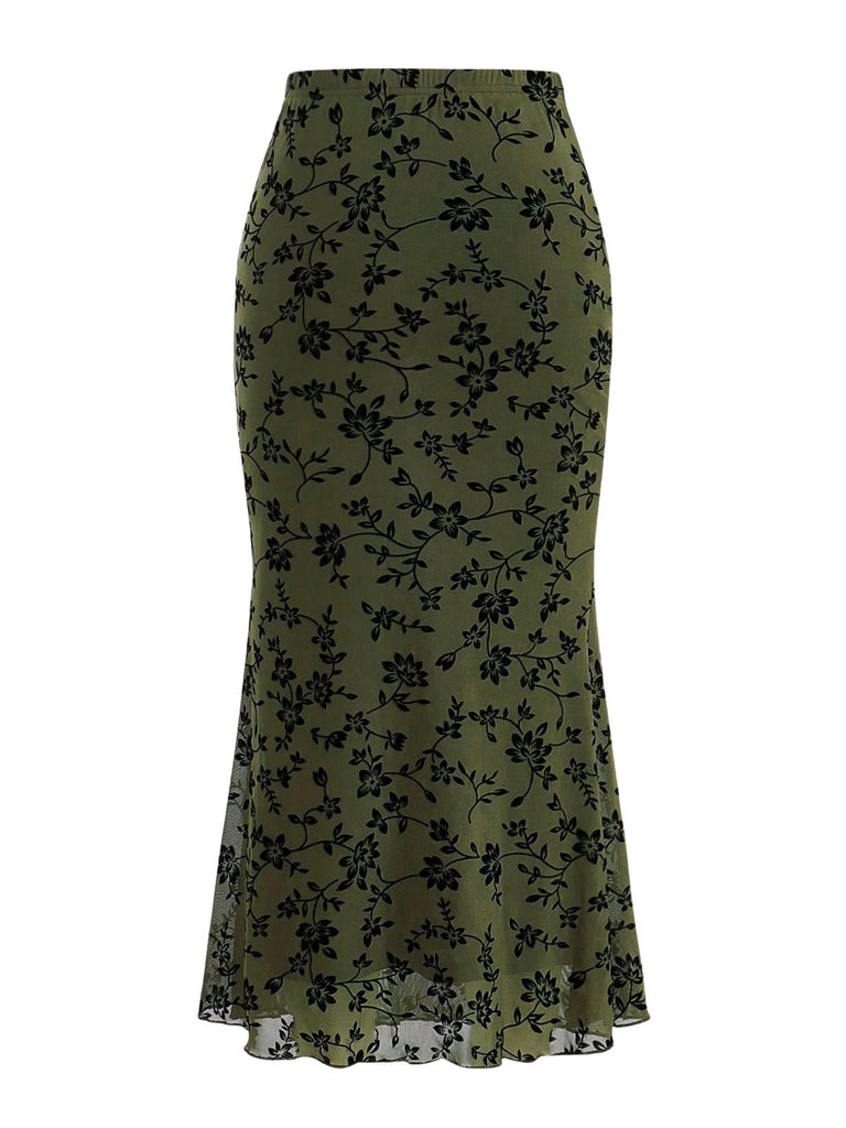 Gonna lunga a sirena con stampa floreale floccata anni '30