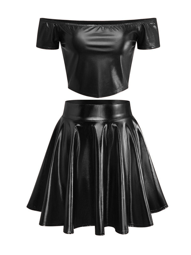 2PCS Top disco metallizzato con spalle scoperte e gonna anni '70