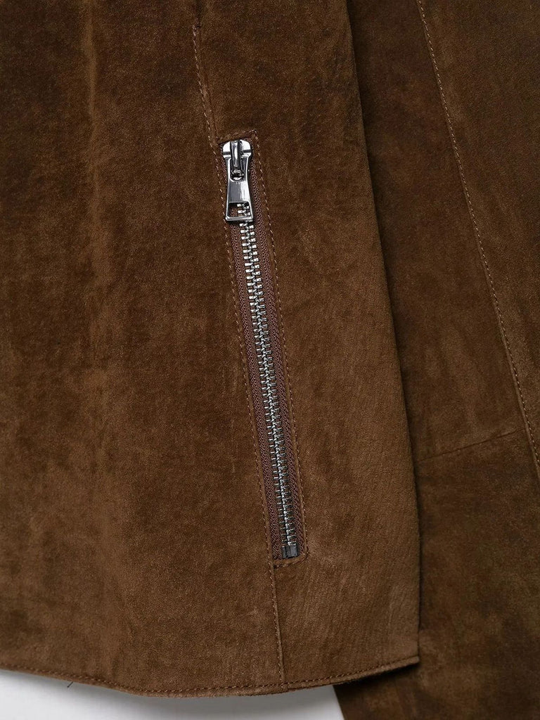 Giacca corta in pelle scamosciata con cerniera frontale marrone anni '80