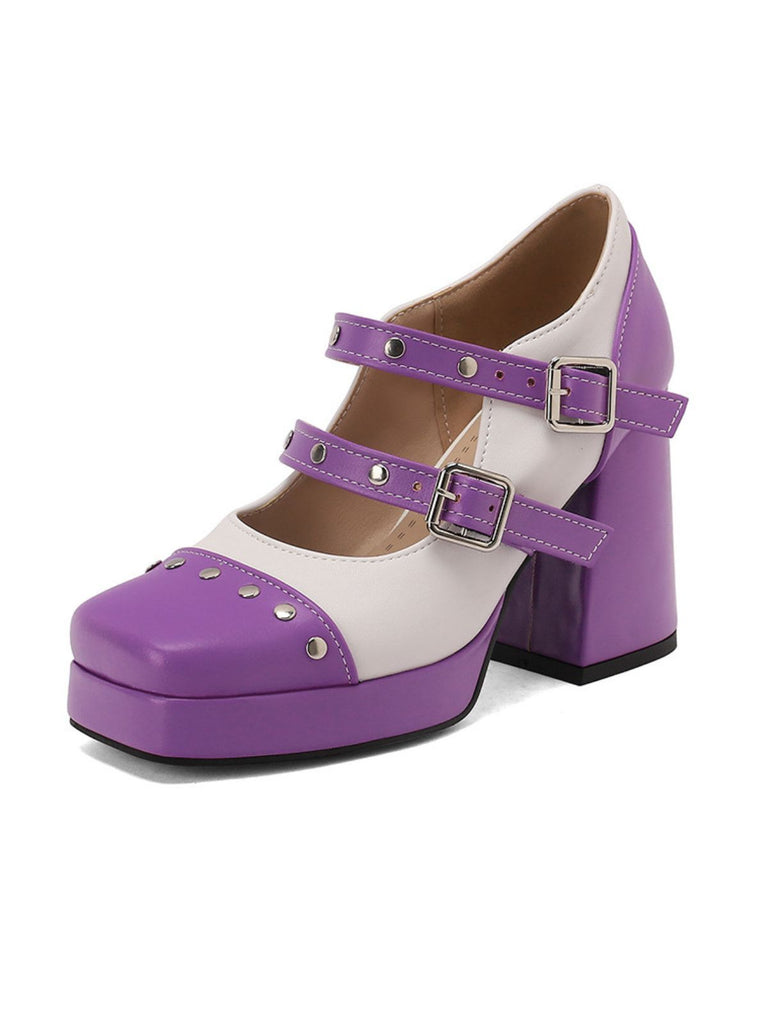 Scarpe Mary Jane con tacco a blocco e punta quadrata borchiata