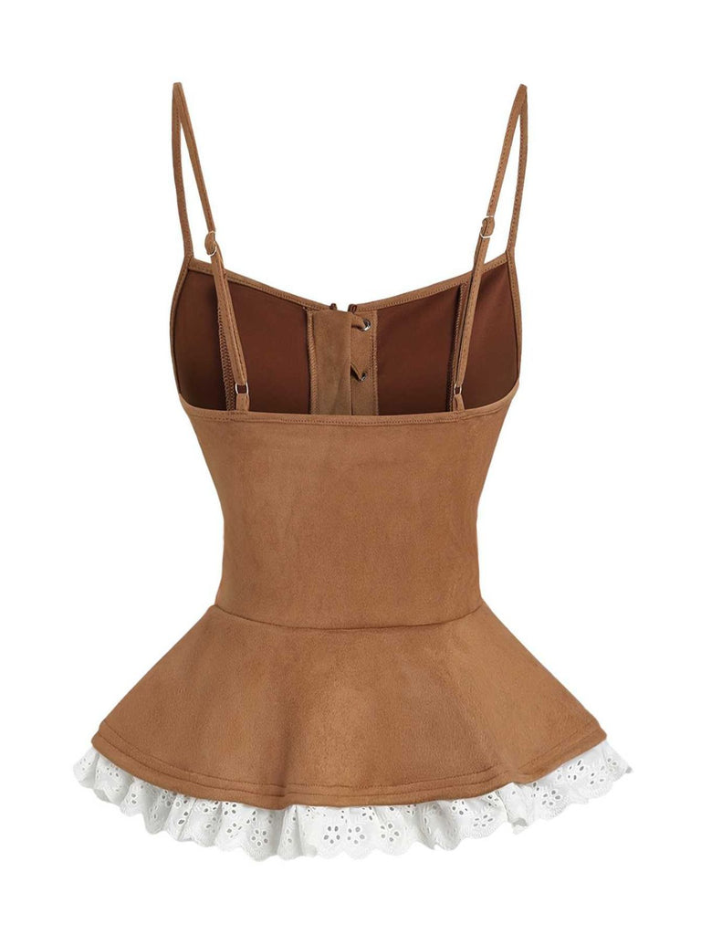 Top corsetto in pizzo scamosciato con lacci marrone anni '50