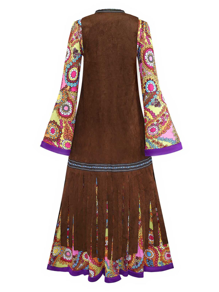 2PCS Gilet con frange e abito hippie psichedelico anni '70