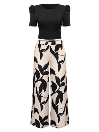 2PCS Top a tinta unita e pantaloni stampa a foglie anni '70
