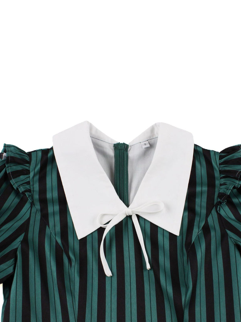 Abito a righe con colletto revers verde anni '50