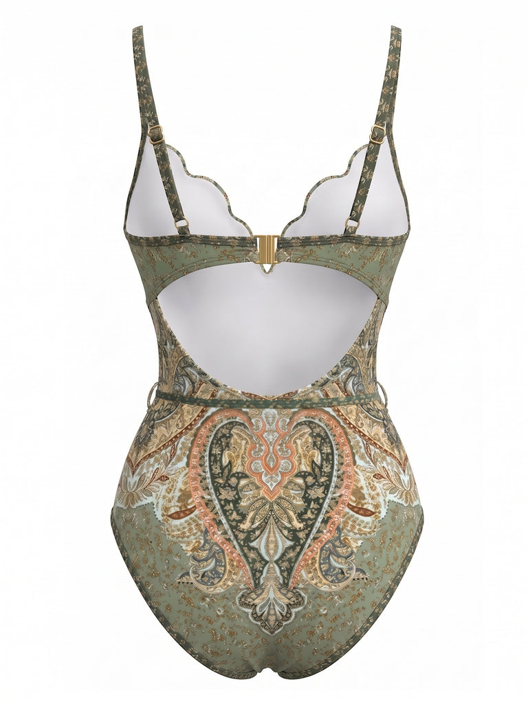Costumi Intero Verde Anni '70 Bohemien con Colletto a Petalo