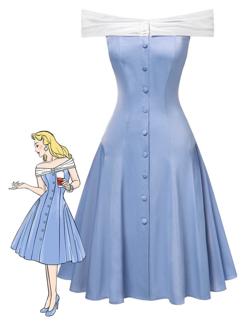 Abito da principessa in tulle con spalle scoperte blu anni '50