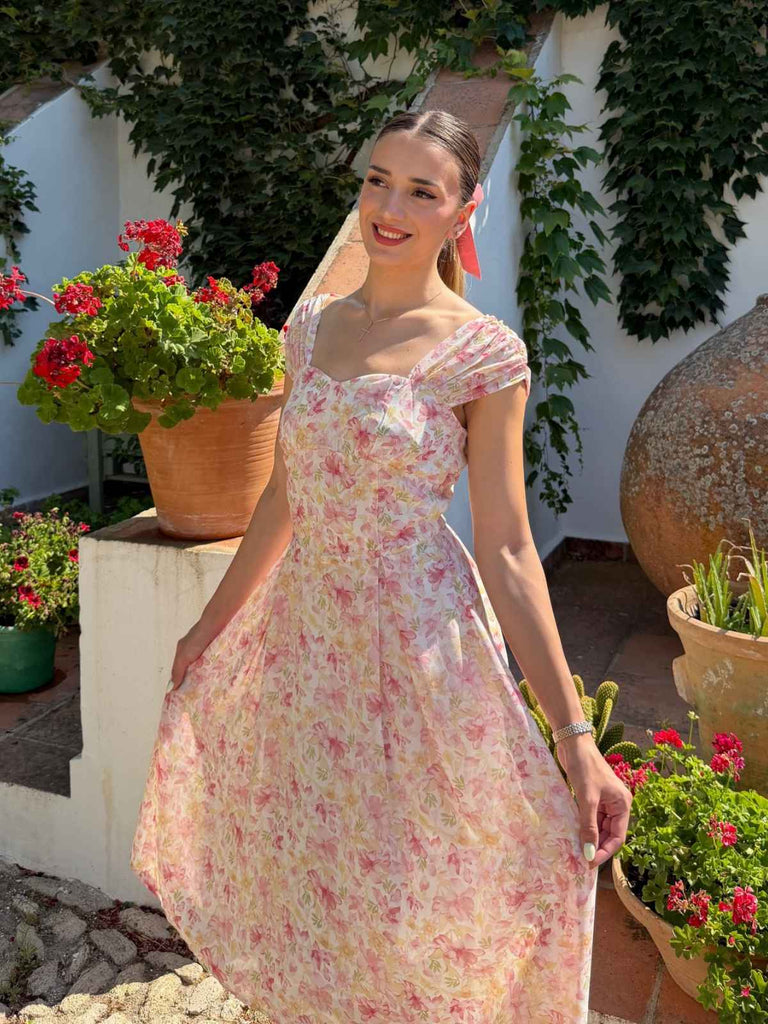 Abito Rosa Anni '50 Floreale con Scollo a Cuore e Fiocco