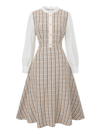 Abito a quadri a maniche lunghe in patchwork cachi anni '40