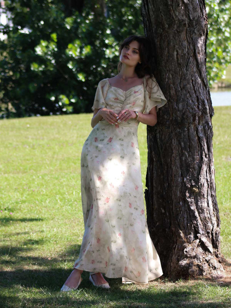 Abito Anni '30 in Chiffon con Farfalla e Maniche a Volant