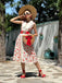 Abito beige e rosso anni '50 con cintura per dipingere le rose