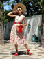 Abito beige e rosso anni '50 con cintura per dipingere le rose