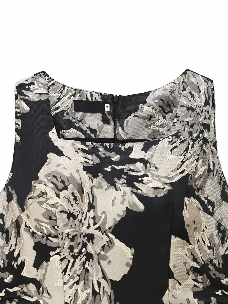 Abito jacquard floreale con cintura nero anni '50