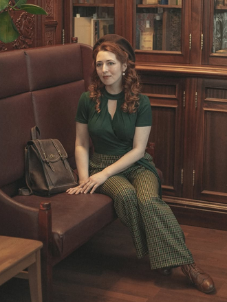 Tuta lunga plaid scollo a buco della serratura verde anni '30