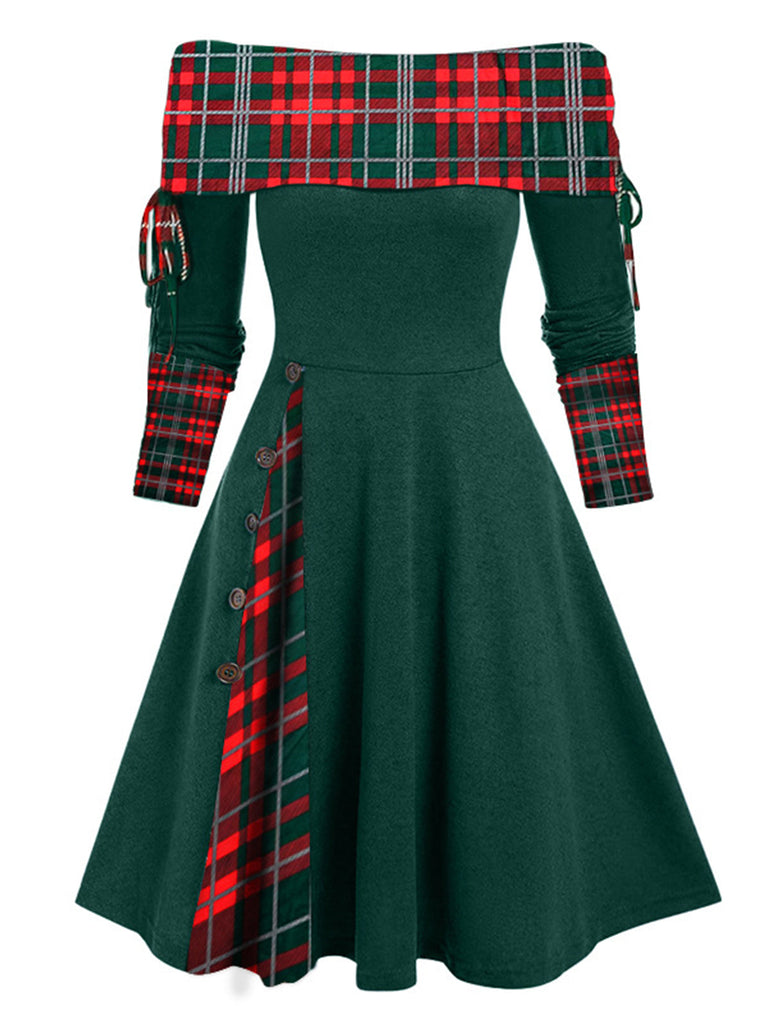 Abito a quadri a spalle scoperte e patchwork anni '50