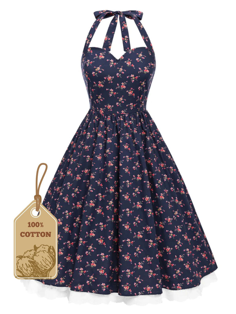 [Prevendita] Abito floreale in cotone con pizzo blu anni '50