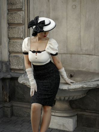 Abito a tubino maniche a sbuffo nero e beige anni '60