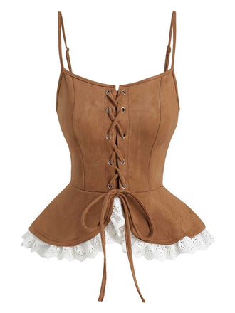 Top corsetto in pizzo scamosciato con lacci marrone anni '50