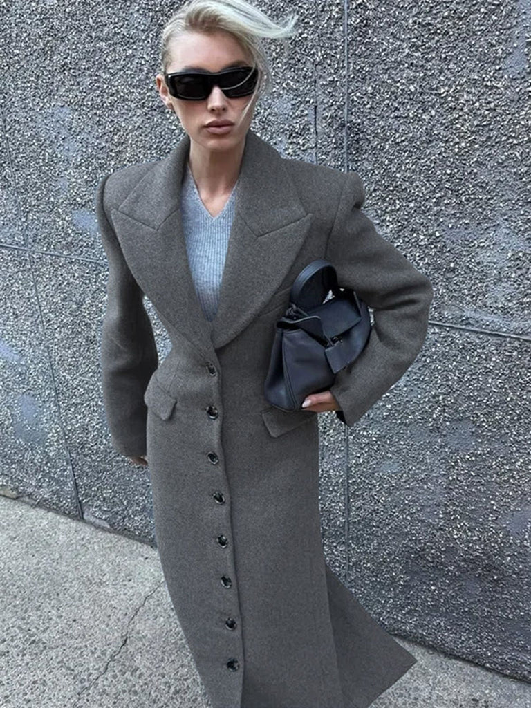 Cappotto in lana con bottoni e revers a tinta unita grigio anni '30