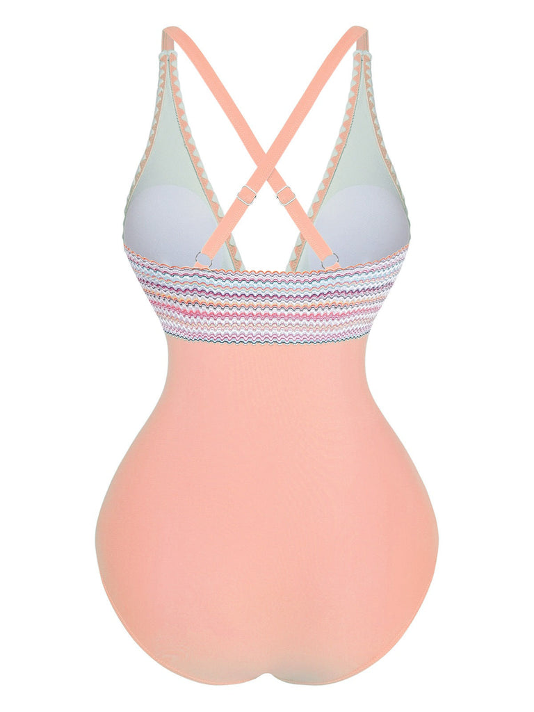 Costumi intero con patchwork ondulato e scollo a V anni '40