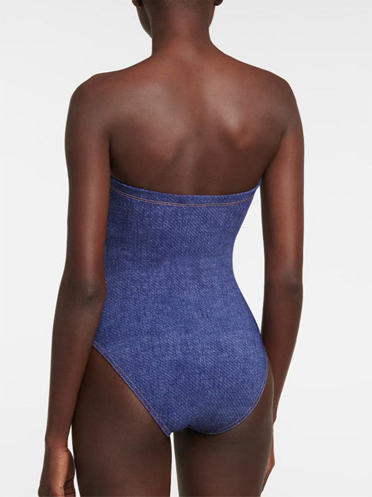 2PCS Costumi con fiocco in denim e copricostume a righe anni '80