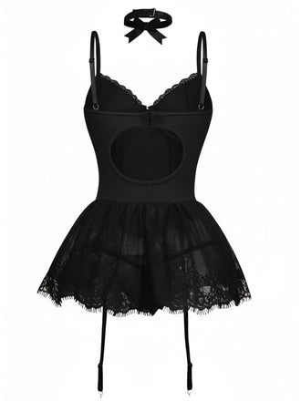 Completo body con corsetto e pizzo nero anni '60