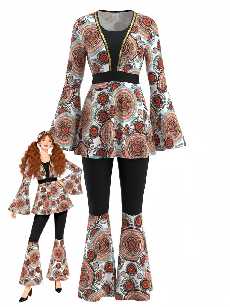 2PCS Top hippie con maniche a campana e pantaloni svasati anni '70