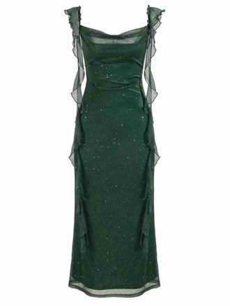 Abito con volant in rete scintillante verde anni '20