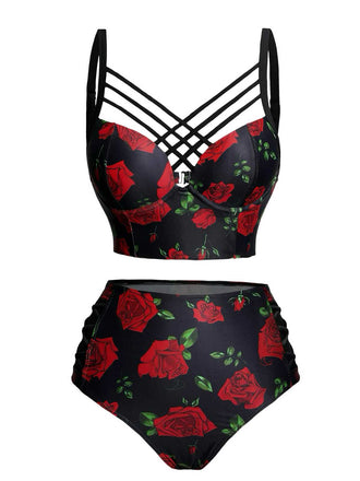 Set bikini gotico rose spalline sottili nero anni '80