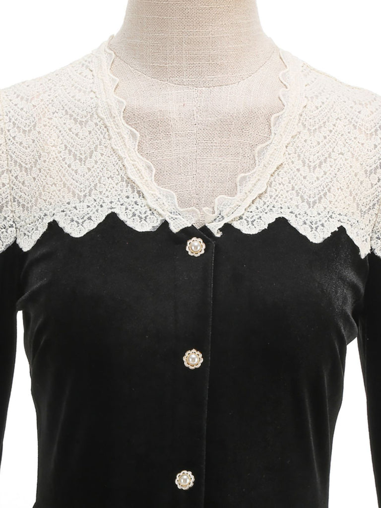 Abito in velluto a maglia con colletto e bottoni di perle nero anni '50