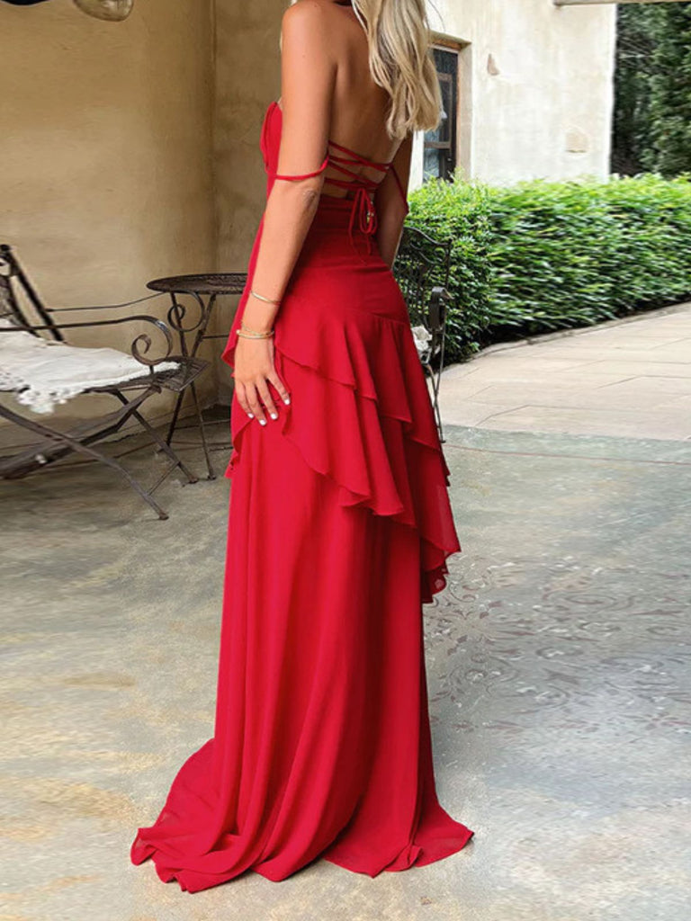 Abito con volant e schiena scoperta rosso anni '30