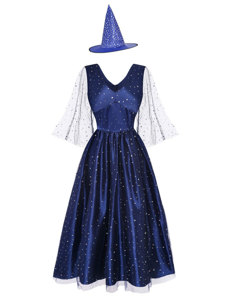 Abito in tulle da strega stellata Halloween blu anni '70