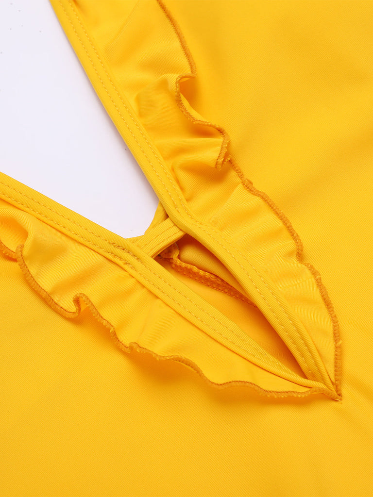 Costumi intero con scollo a V volant giallo anni '30