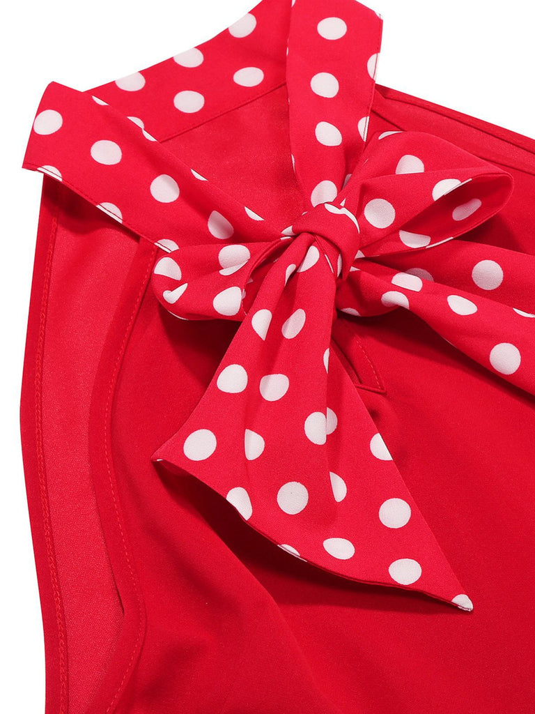 Abito a pois con cintura e collo a fiocco anni '50