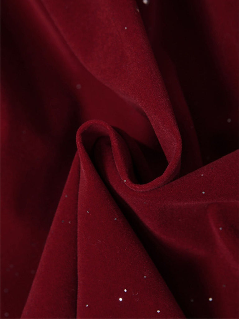 Miniabito con fiocco di paillettes senza spalline bordeaux anni '80