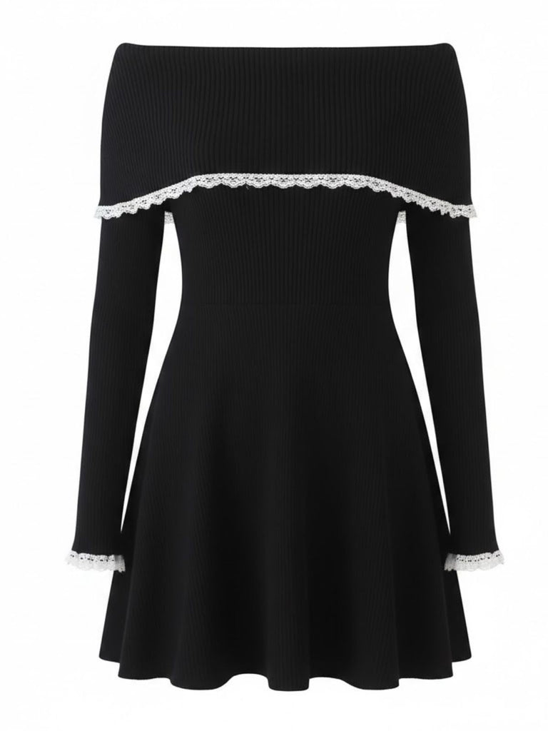 Abito in pizzo a maglia con spalle scoperte bianco anni '70