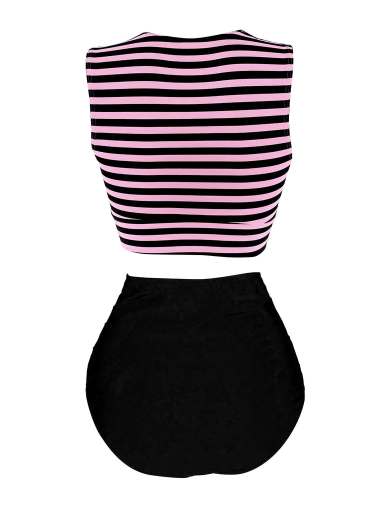 Costume da bagno patchwork a righe rosa anni '70