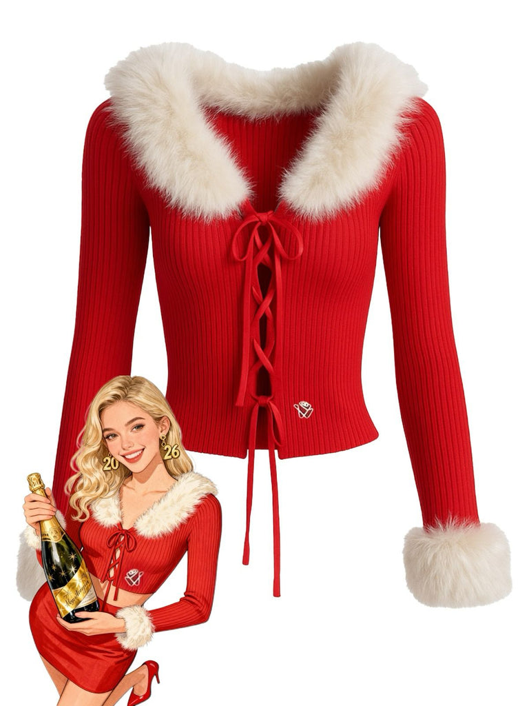 Cardigan in maglia con collo di pelliccia staccabile rosso anni '80