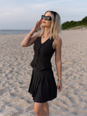 2PCS Top gessato grigio scuro e gonna a pieghe anni '60