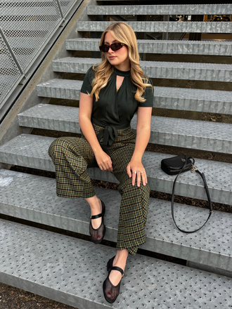 Tuta lunga plaid scollo a buco della serratura verde anni '30