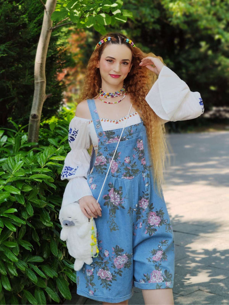 Tuta Corta blu in denim anni '60 con floreale e tasche e spalline larghe