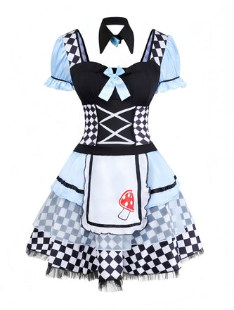 Abito grembiule Alice con maniche a sbuffo blu anni '60