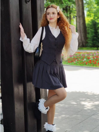 2PCS Top gessato grigio scuro e gonna a pieghe anni '60