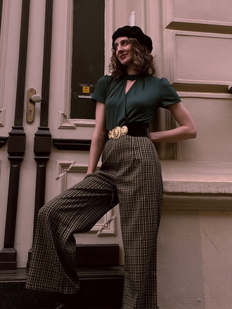 Tuta lunga plaid scollo a buco della serratura verde anni '30