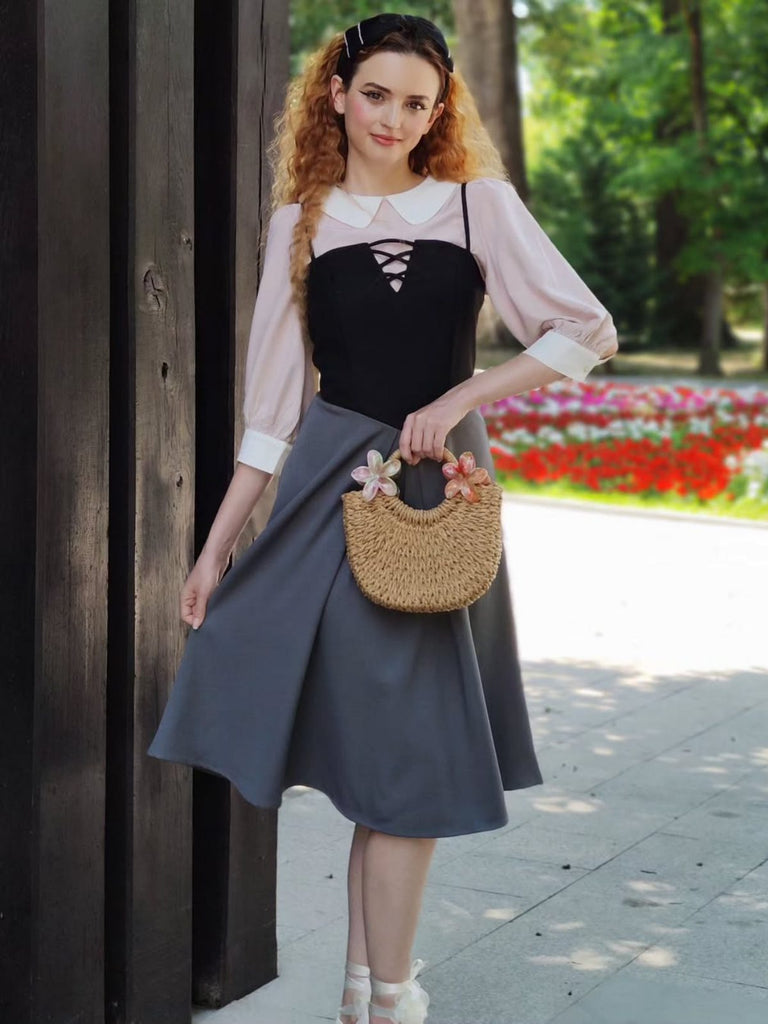 2PCS Camicetta rosa e abito grigio colorblock anni '40