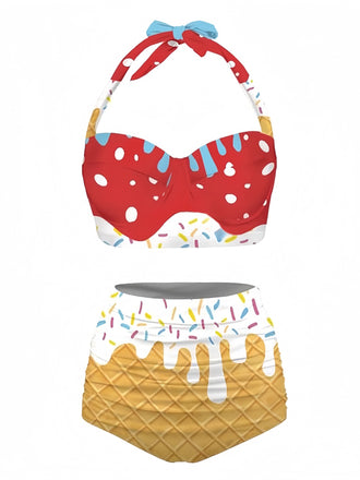 bikini cono gelato con scollo all'americana rosso anni '70